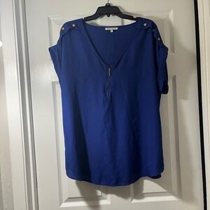 Speed Limit Royal Blue Half Zip Blouse Gold Button Shoulder Plus Size 2X Top